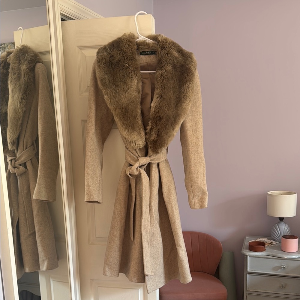Ralph Lauren Tan Trench Coat with Plush Fur Collar and Belted Waist